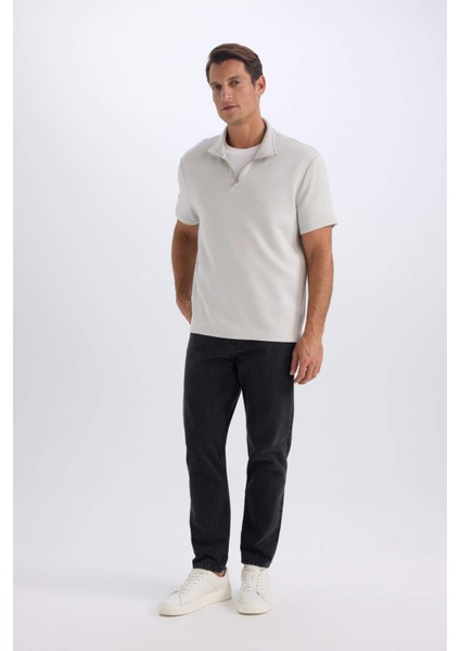 Regular Fit Dik Yaka Yarım Fermuarlı Ağır Kumaş Kısa Kollu Tişört B6502AX25SP