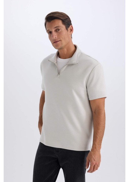 Regular Fit Dik Yaka Yarım Fermuarlı Ağır Kumaş Kısa Kollu Tişört B6502AX25SP