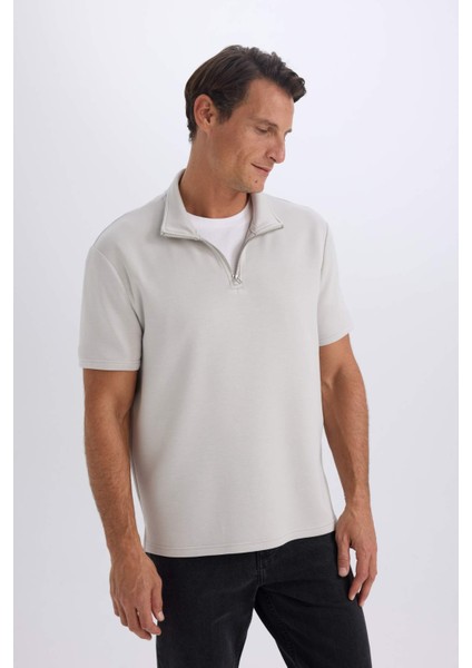 Regular Fit Dik Yaka Yarım Fermuarlı Ağır Kumaş Kısa Kollu Tişört B6502AX25SP