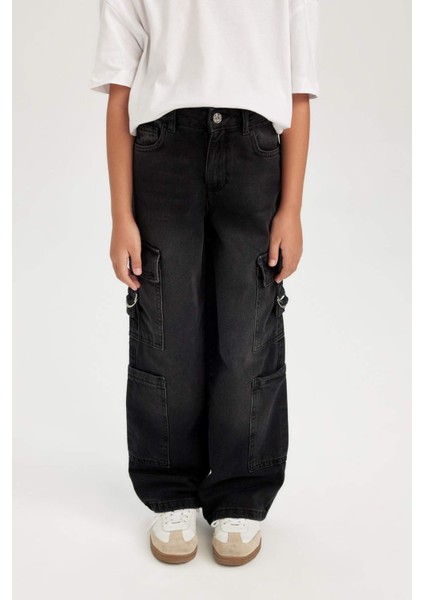Kız Çocuk Wide Leg Kargo Cepli Geniş Bol Paça Antrasit Jean Pantolon D7177A824WN
