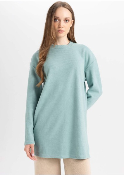 Regular Fit Bisiklet Yaka Selanik Kumaş Uzun Kollu Basic Düz Tişört Tunik B3552AX24AU