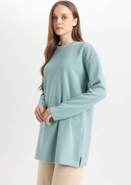 Regular Fit Bisiklet Yaka Selanik Kumaş Uzun Kollu Basic Düz Tişört Tunik B3552AX24AU