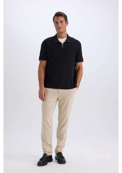 Regular Fit Dik Yaka Yarım Fermuarlı Ağır Kumaş Kısa Kollu Siyah Tişört B6502AX25SP