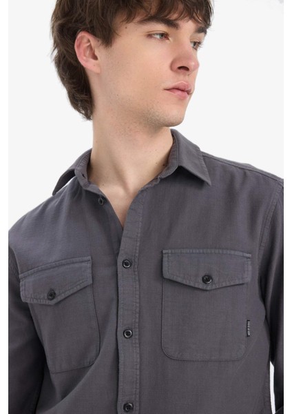 %100 Pamuk Regular Fit Polo Yaka Basic Düz Uzun Kollu Gömlek B2654AX25SP