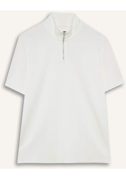 Regular Fit Dik Yaka Yarım Fermuarlı Ağır Kumaş Kısa Kollu Tişört