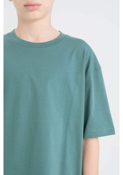 Erkek Çocuk Oversize Geniş Kalıp Bisiklet Yaka Basic Düz Kısa Kollu Tişört B5927A825SM