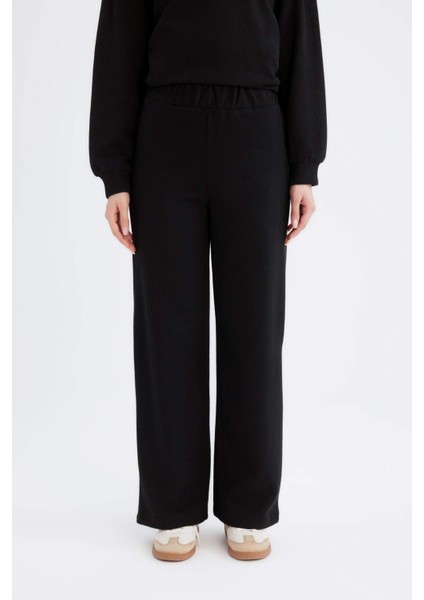 Relax Fit Beli Lastikli Selanik Kumaş Basic Düz Triko Siyah Pantolon B4311AX24WN