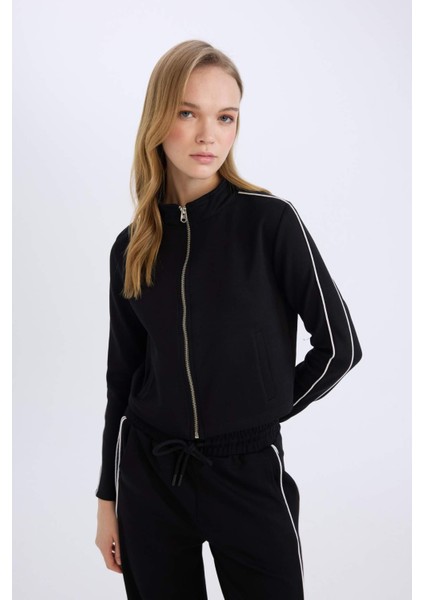 Fitted Dik Yaka Basic Düz Modal Fermuarlı Hırka D6670AX24WN