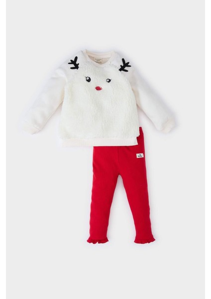 Kız Bebek Yılbaşı Temalı 2'li Takım Pelüş Sweatshirt Beli Lastikli Tayt