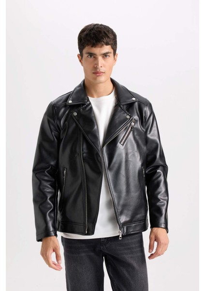 Su ve Rüzgar İtici Slim Fit Dar Kesim Mevsimlik Astarlı Fermuarlı İç Cepli Suni Deri Biker Mont C5715AX25SP