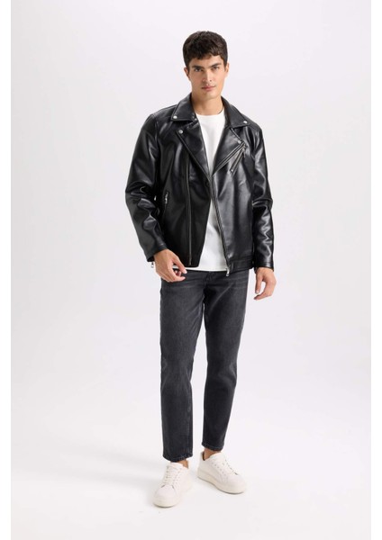 Su ve Rüzgar İtici Slim Fit Dar Kesim Mevsimlik Astarlı Fermuarlı İç Cepli Suni Deri Biker Mont C5715AX25SP