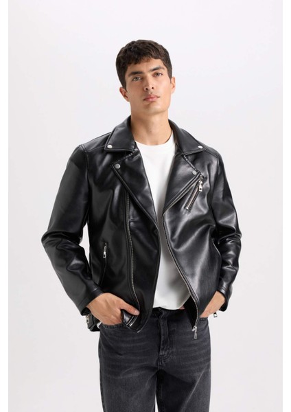 Su ve Rüzgar İtici Slim Fit Dar Kesim Mevsimlik Astarlı Fermuarlı İç Cepli Suni Deri Biker Mont C5715AX25SP