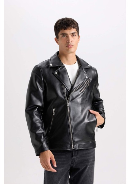 Su ve Rüzgar İtici Slim Fit Dar Kesim Mevsimlik Astarlı Fermuarlı İç Cepli Suni Deri Biker Mont C5715AX25SP