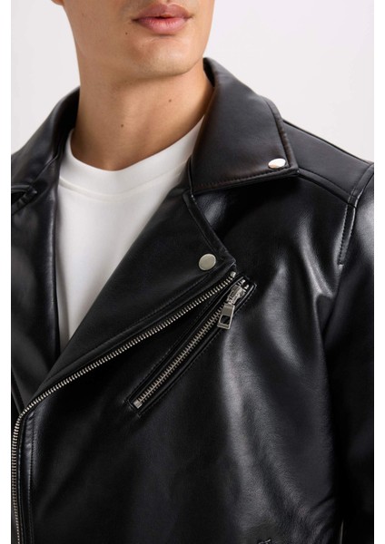 Su ve Rüzgar İtici Slim Fit Dar Kesim Mevsimlik Astarlı Fermuarlı İç Cepli Suni Deri Biker Mont C5715AX25SP