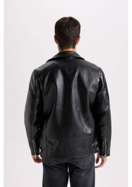 Su ve Rüzgar İtici Slim Fit Dar Kesim Mevsimlik Astarlı Fermuarlı İç Cepli Suni Deri Biker Mont C5715AX25SP