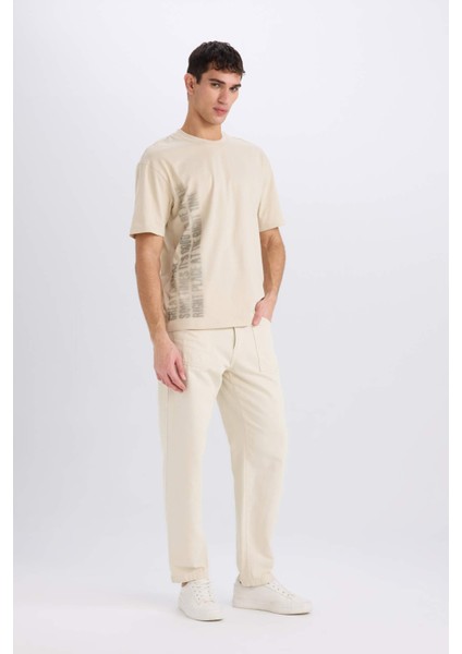 %100 Pamuk Boxy Fit Bisiklet Yaka Baskılı Kısa Kollu Tişört