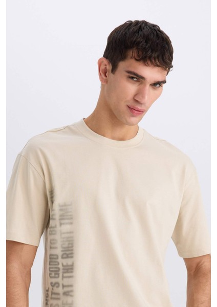 %100 Pamuk Boxy Fit Bisiklet Yaka Baskılı Kısa Kollu Tişört