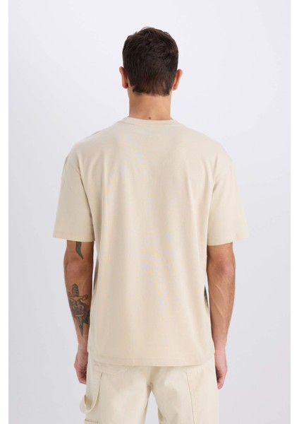 %100 Pamuk Boxy Fit Bisiklet Yaka Baskılı Kısa Kollu Tişört