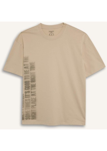 %100 Pamuk Boxy Fit Bisiklet Yaka Baskılı Kısa Kollu Tişört