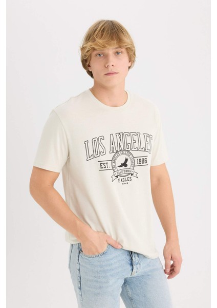 %100 Pamuk Regular Fit Bisiklet Yaka Baskılı Kısa Kollu Tişört D5577AX25SP