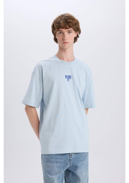 %100 Pamuk Oversize Geniş Kalıp Bisiklet Yaka Sırt Baskılı Kısa Kollu Tişört