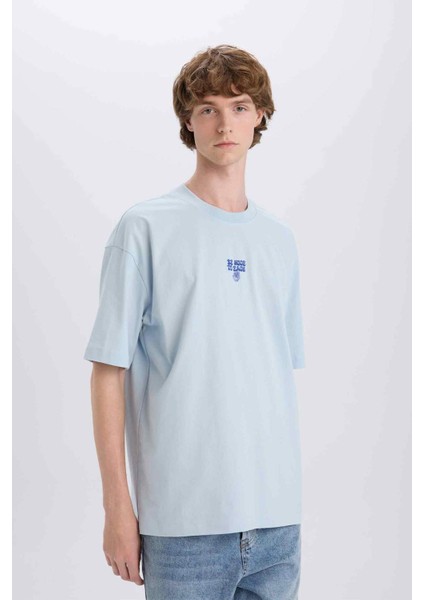 %100 Pamuk Oversize Geniş Kalıp Bisiklet Yaka Sırt Baskılı Kısa Kollu Tişört