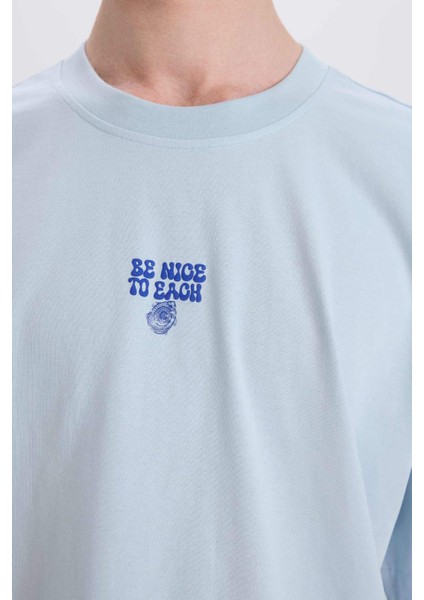 %100 Pamuk Oversize Geniş Kalıp Bisiklet Yaka Sırt Baskılı Kısa Kollu Tişört