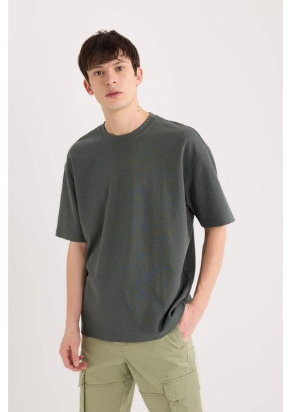 Oversize Geniş Kalıp Ütü Gerektirmeyen Bisiklet Yaka Kısa Kollu Basic Düz Ağır Kumaş Tişört X3926AZ25SP