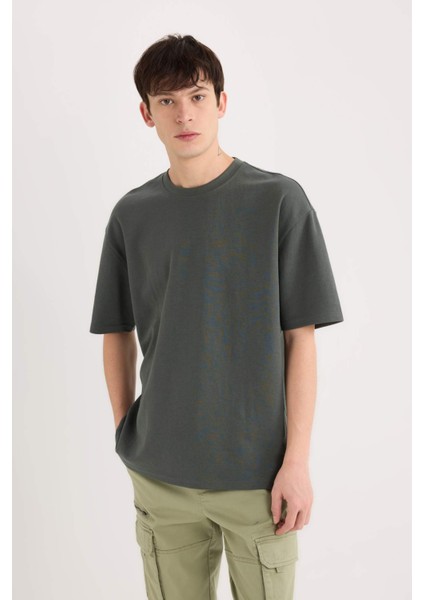 Oversize Geniş Kalıp Ütü Gerektirmeyen Bisiklet Yaka Kısa Kollu Basic Düz Ağır Kumaş Tişört X3926AZ25SP