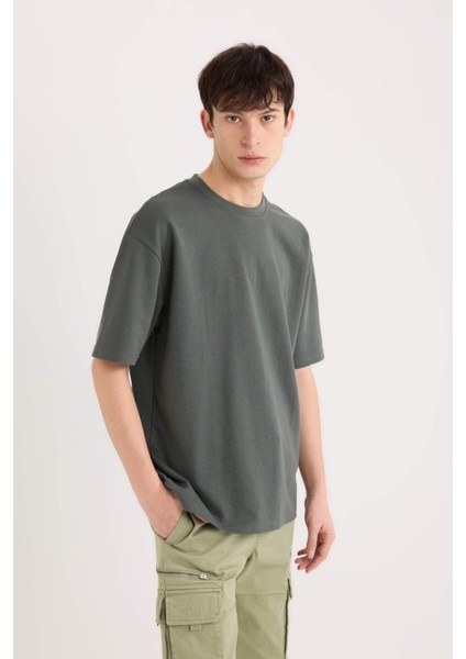 Oversize Geniş Kalıp Ütü Gerektirmeyen Bisiklet Yaka Kısa Kollu Basic Düz Ağır Kumaş Tişört X3926AZ25SP