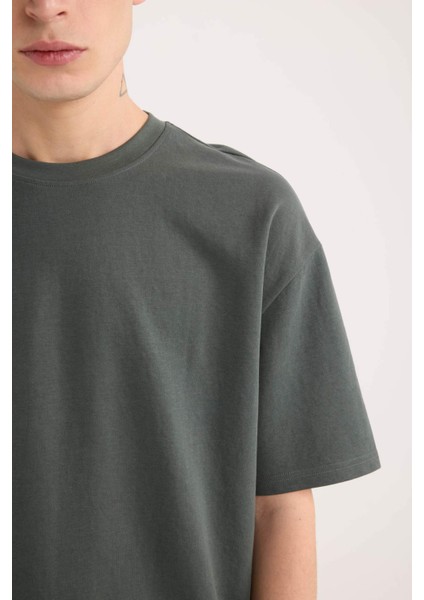 Oversize Geniş Kalıp Ütü Gerektirmeyen Bisiklet Yaka Kısa Kollu Basic Düz Ağır Kumaş Tişört X3926AZ25SP