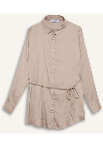 Relax Fit Gömlek Yaka Basic Düz Saten Beli Bağcıklı Uzun Kollu Gömlek Tunik D7202AX24WN
