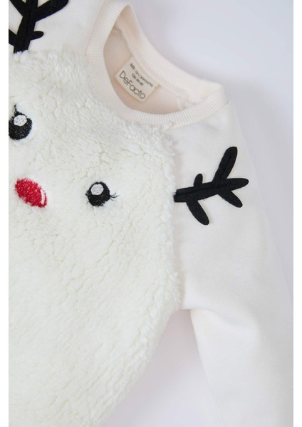 Kız Bebek Yılbaşı Temalı 2'li Takım Pelüş Sweatshirt Beli Lastikli Tayt