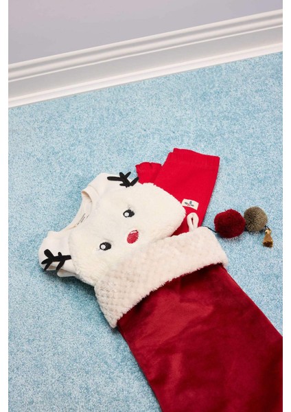 Kız Bebek Yılbaşı Temalı 2'li Takım Pelüş Sweatshirt Beli Lastikli Tayt