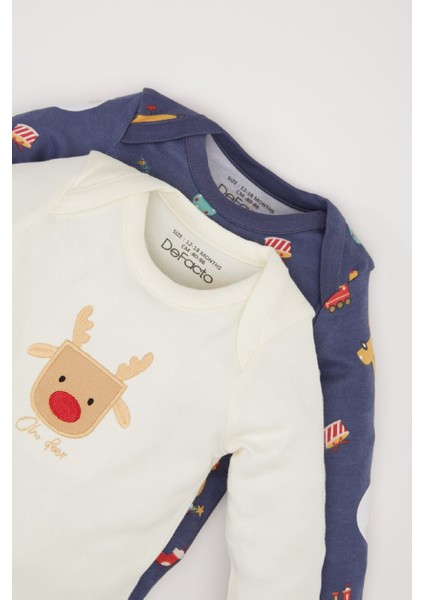 Erkek Bebek Yenidoğan Zarf Yaka Yılbaşı Temalı 2'li Uzun Kollu Çıtçıtlı Body D6504A524WN