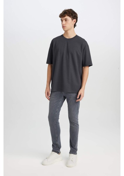Oversize Geniş Kalıp Ütü Gerektirmeyen Bisiklet Yaka Kısa Kollu Basic Düz Ağır Kumaş Tişört X3926AZ25SP