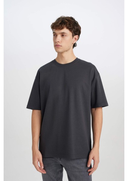 Oversize Geniş Kalıp Ütü Gerektirmeyen Bisiklet Yaka Kısa Kollu Basic Düz Ağır Kumaş Tişört X3926AZ25SP