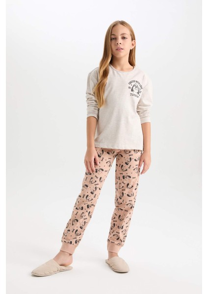 Kız Çocuk Pijama Takım Baskılı Uzun Kollu Üst Desenli Beli Lastikli Uzun Alt D7744A824WN