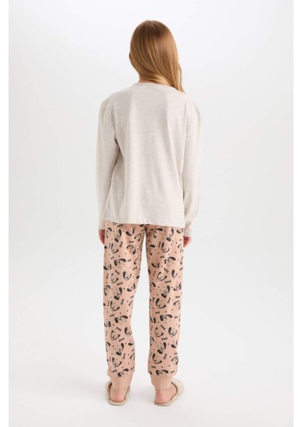 Kız Çocuk Pijama Takım Baskılı Uzun Kollu Üst Desenli Beli Lastikli Uzun Alt D7744A824WN