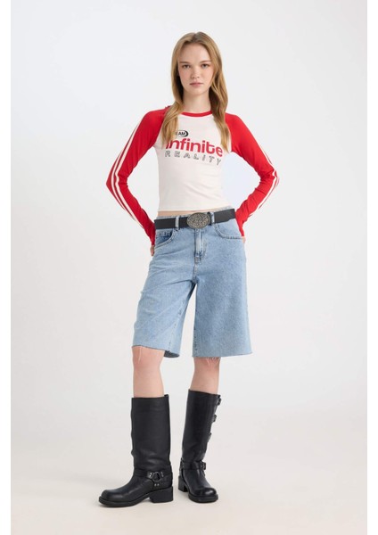 Fitted Dar Kesim Bisiklet Yaka Baskılı Uzun Kollu Tişört D6698AX24WN