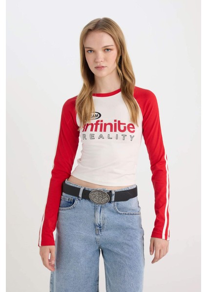 Fitted Dar Kesim Bisiklet Yaka Baskılı Uzun Kollu Tişört D6698AX24WN