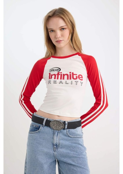 Fitted Dar Kesim Bisiklet Yaka Baskılı Uzun Kollu Tişört D6698AX24WN