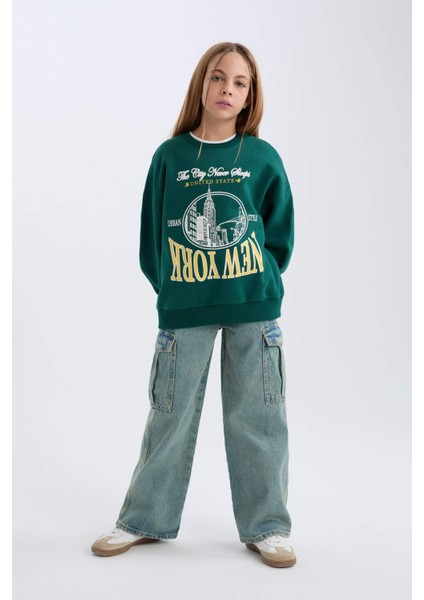 Kız Çocuk Oversize Geniş Kalıp Bisiklet Yaka Baskılı Sweatshirt D7045A824WN