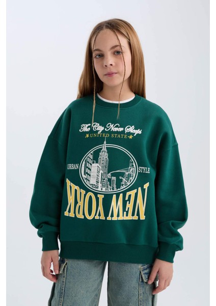 Kız Çocuk Oversize Geniş Kalıp Bisiklet Yaka Baskılı Sweatshirt D7045A824WN