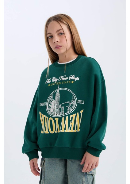 Kız Çocuk Oversize Geniş Kalıp Bisiklet Yaka Baskılı Sweatshirt D7045A824WN