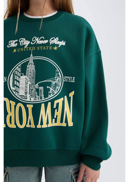 Kız Çocuk Oversize Geniş Kalıp Bisiklet Yaka Baskılı Sweatshirt D7045A824WN