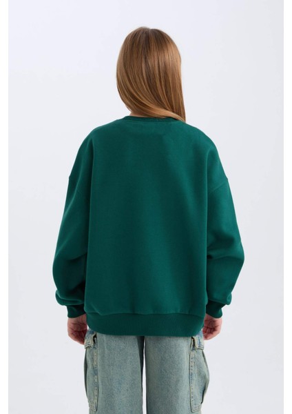 Kız Çocuk Oversize Geniş Kalıp Bisiklet Yaka Baskılı Sweatshirt D7045A824WN