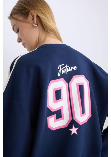 Coool Oversize Geniş Kalıp Bisiklet Yaka Sırt Baskılı Kalın Sweatshirt D5961AX24WN