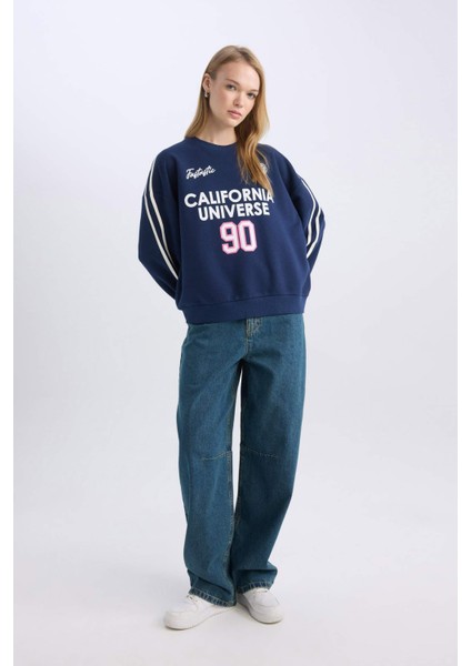 Coool Oversize Geniş Kalıp Bisiklet Yaka Sırt Baskılı Kalın Sweatshirt D5961AX24WN