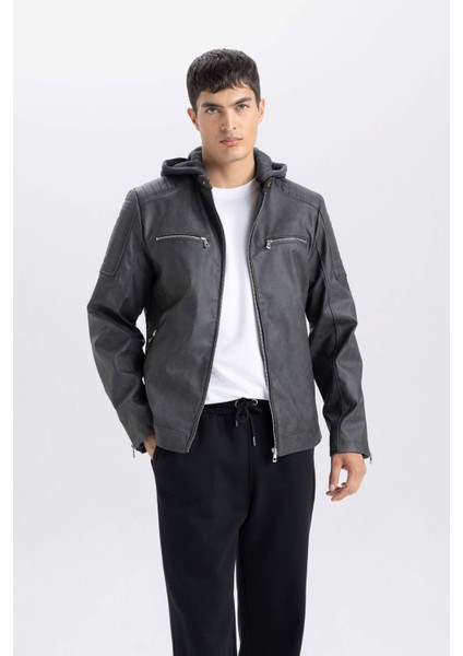 Su İtici Slim Fit Dar Kesim Çıkarılabilir Kapüşonlu Fermuarlı Cepli Suni Deri Ceket Mont R2523AZ25SP